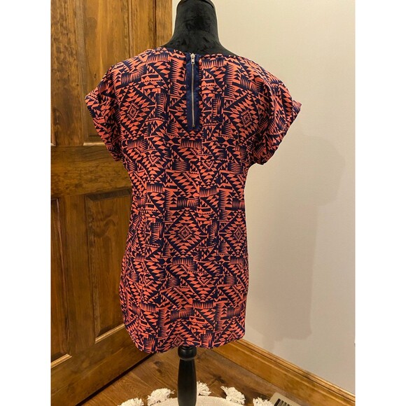 Pink Rose Top Womens Blouse Size Large  Short Sleeve Zipper Back Orange Navy - Picture 6 of 9